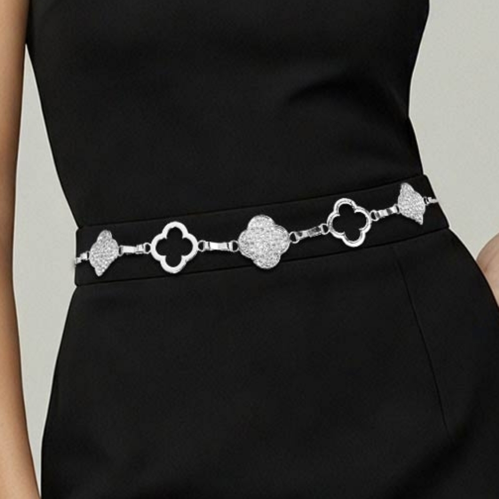 Silver Rhinestone Quatrefoil Clover Charm Chain Link Belt Statement Accessory